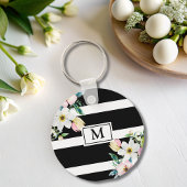 Girly bloemen Monogram Zwart Wit Gestreept Sleutelhanger