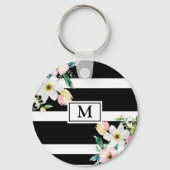 Girly bloemen Monogram Zwart Wit Gestreept Sleutelhanger (Voorkant)