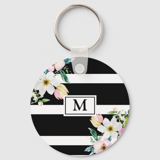 Girly bloemen Monogram Zwart Wit Gestreept Sleutelhanger (Voorkant)