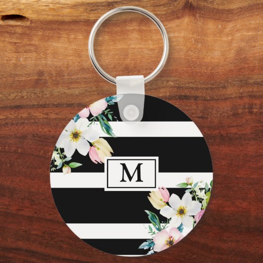 Girly bloemen Monogram Zwart Wit Gestreept Sleutelhanger (Voorkant)