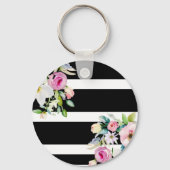 Girly bloemen Monogram Zwart Wit Gestreept Sleutelhanger (Achterkant)