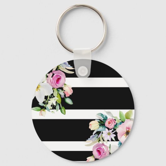 Girly bloemen Monogram Zwart Wit Gestreept Sleutelhanger (Achterkant)