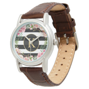 Girly Bloemen Wrapping Zwart Wit Strepen Monogram Horloge
