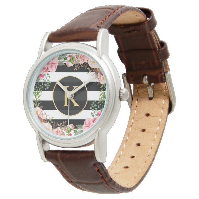 Girly Bloemen Wrapping Zwart Wit Strepen Monogram Horloge (Gekanteld)