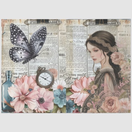 Girly Bloemenkrant Ephemera Collage Tissuepapier (Voorkant)