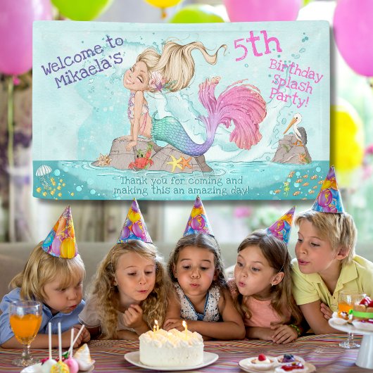 Girly Blonde Turquoise Pink Mermaid Birthday Spandoek