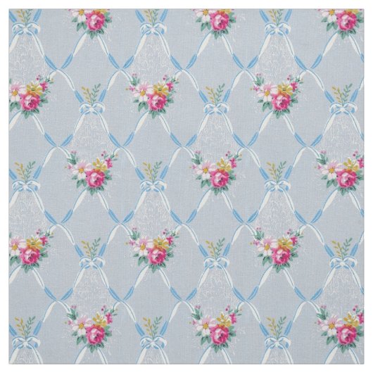Girly Blue Bows  roze Rose Floral Pattern Stof (Swatch)