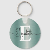 Girly Blue Brushed Metal Monogram en scriptnaam Sleutelhanger (Voorkant)