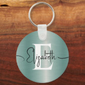 Girly Blue Brushed Metal Monogram en scriptnaam Sleutelhanger (Voorkant)