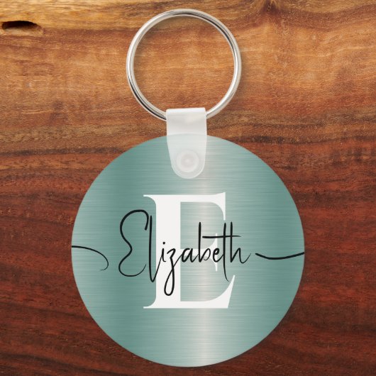 Girly Blue Brushed Metal Monogram en scriptnaam Sleutelhanger (Voorkant)
