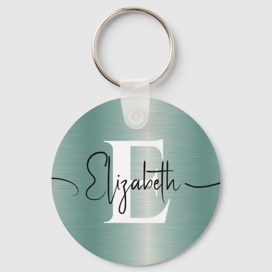 Girly Blue Brushed Metal Monogram en scriptnaam Sleutelhanger (Achterkant)