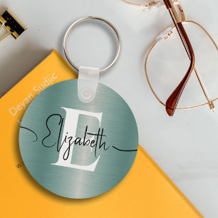 Girly Blue Brushed Metal Monogram en scriptnaam Sleutelhanger
