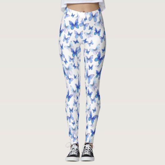 Girly blue butterfly whimsical patterned leggings (Voorkant)