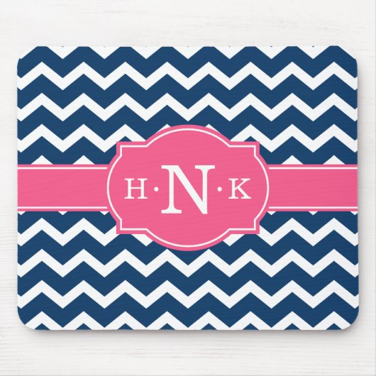 Girly Blue Chevron Pink Monogram Muismat (Voorkant)