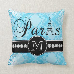 Girly Blue  Damask Black Paris Monogram Kussen
