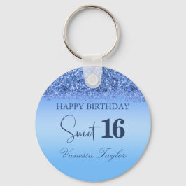 Girly Blue Faux Glitter Sparkly Sweet 16 Birthday Sleutelhanger