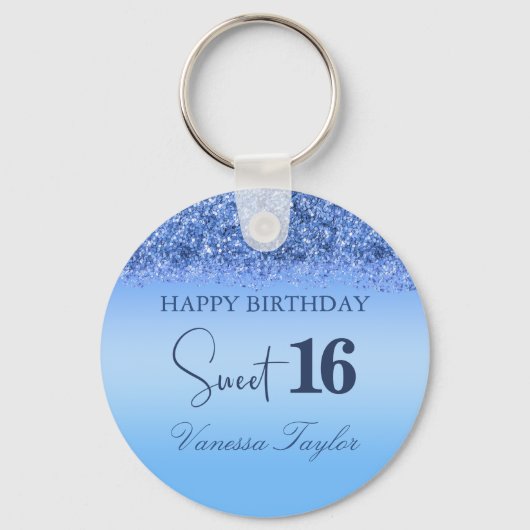 Girly Blue Faux Glitter Sparkly Sweet 16 Birthday Sleutelhanger (Voorkant)