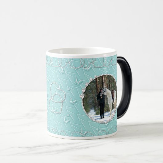 Girly Blue Faux Sparkly Two Foto Hart Accent Magische Mok (Voorkant rechts)