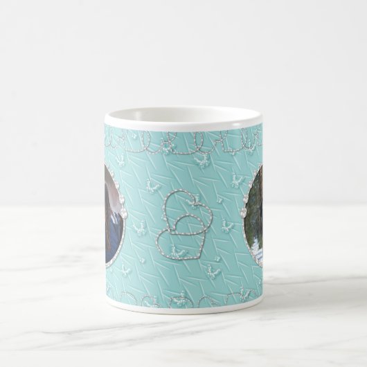 Girly Blue Faux Sparkly Two Foto Hart Accent Magische Mok (Center)