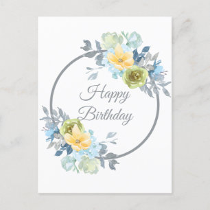 Girly Blue Floral Wreath Birthday Briefkaart