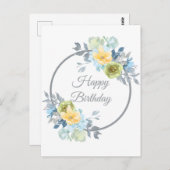 Girly Blue Floral Wreath Birthday Briefkaart (Voorkant / Achterkant)