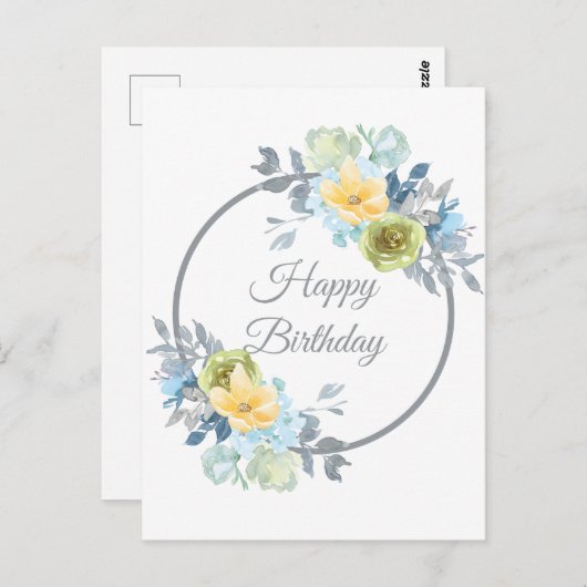 Girly Blue Floral Wreath Birthday Briefkaart (Voorkant / Achterkant)