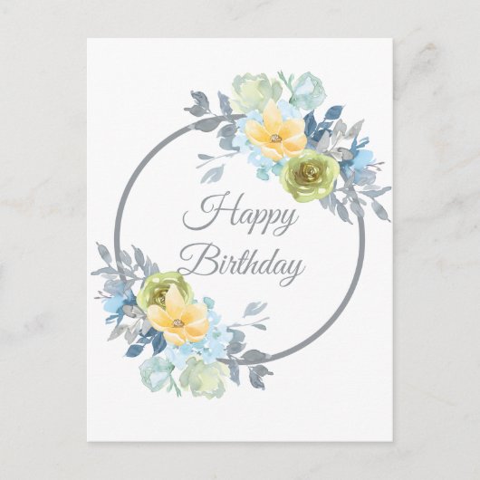 Girly Blue Floral Wreath Birthday Briefkaart (Voorkant)