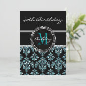Girly Blue Glitter Black Damask 40th Birthday Kaart (Staand voorkant)