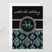 Girly Blue Glitter Black Damask 40th Birthday Kaart (Voorkant / Achterkant)