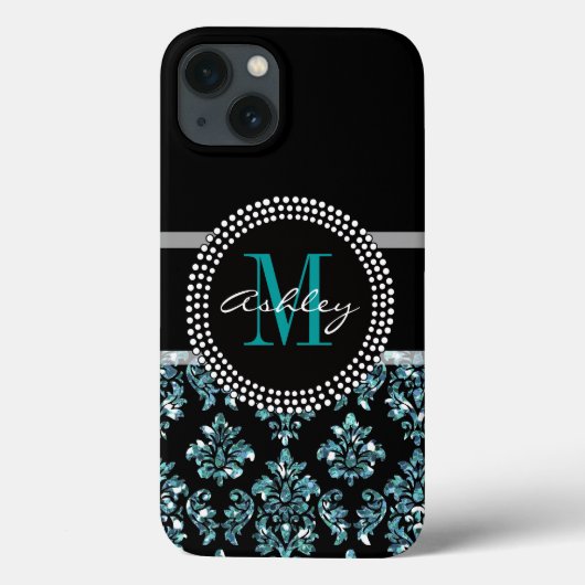 Girly Blue Glitter Black Damask persoonlijk Case-Mate iPhone Case (Achterkant)