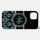 Girly Blue Glitter Black Damask persoonlijk Case-Mate iPhone Case (Achterkant (horizontaal))