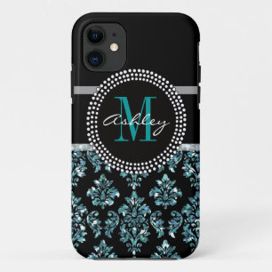 Girly Blue Glitter Black Damask persoonlijk Case-Mate iPhone Case