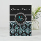Girly Blue Glitter Black Damask Persoonlijke Parti Kaart (Staand voorkant)