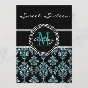 Girly Blue Glitter Black Damask Persoonlijke Parti Kaart
