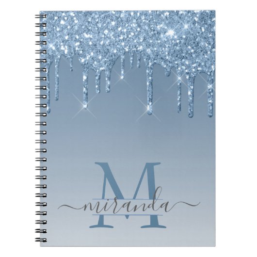 Girly Blue Glitter Drives Ombre Monogram Notitieboek (Voorkant)