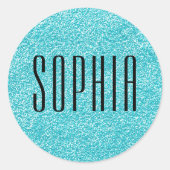 Girly Blue Glitter Naam Schattige Sparkle Ronde Sticker (Voorkant)