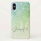 Girly Blue Green Glitter Blush Monogram Name Case-Mate iPhone Case (Achterkant)