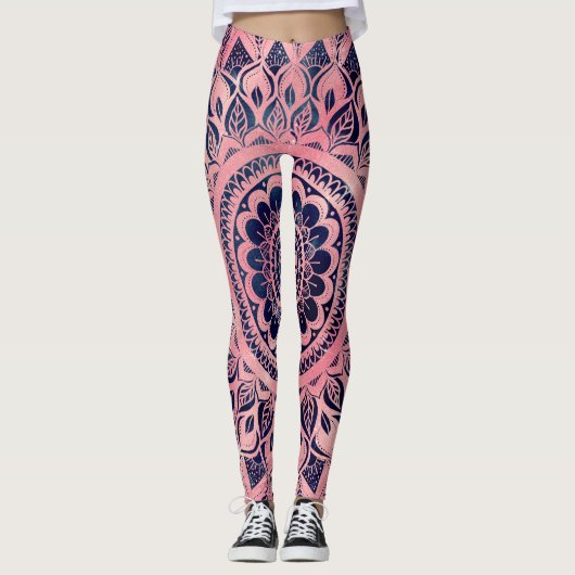 Girly Blue Pink Mandala Floral Leggings (Voorkant)