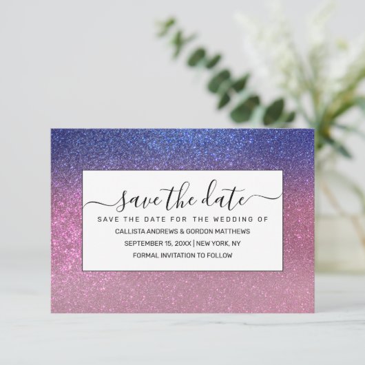 Girly Blue Pink Sparkly Glitter Ombre Gradient Save The Date (Staand voorkant)