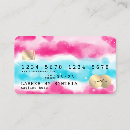Girly Blue Sky Ocean Pink Waterverf Credit Kaart Visitekaartje (Voorkant)