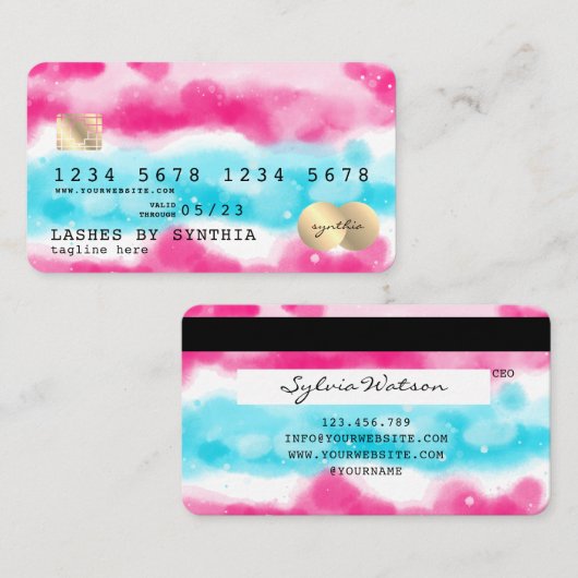 Girly Blue Sky Ocean Pink Waterverf Credit Kaart Visitekaartje (Voorkant / Achterkant)
