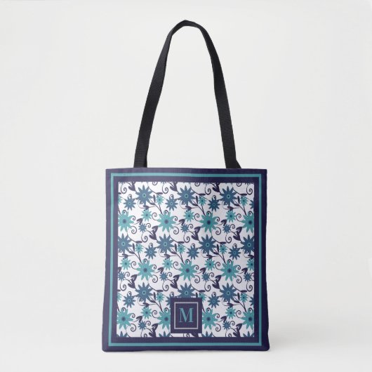 Girly Blue Turquoise Floral Pattern Monogram Tote Bag (Voorkant)