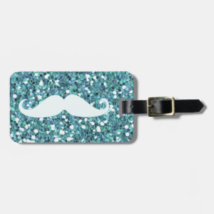 GIRLY BLUE WHITE MUSTACHE PRINTED GLITTER BAGAGELABEL