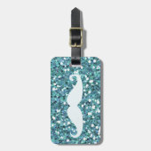 GIRLY BLUE WHITE MUSTACHE PRINTED GLITTER BAGAGELABEL (Voorkant verticaal)