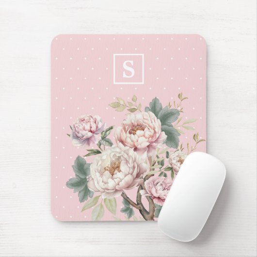 Girly Blush Cream Pioen Bloemen Monogram Muismat (Met muis)