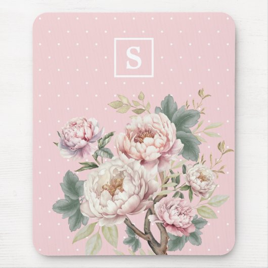 Girly Blush Cream Pioen Bloemen Monogram Muismat (Voorkant)