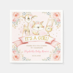 Girly Blush Floral Woodland Animals Baby shower Servet