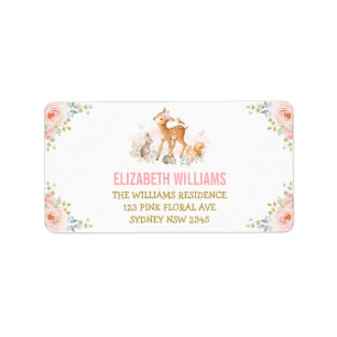 Girly Blush Floral Woodland Animals Return Address Etiket