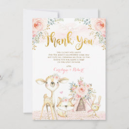 Girly Blush Gold Floral Woodland Baby shower Bedankkaart