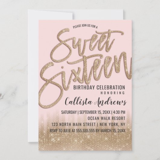 Girly Blush Gold Glitter Typography Sweet 16 Kaart (Voorkant)